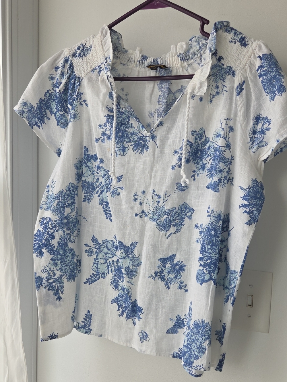 Women's White Peasant Blouse with Blue Floral Print